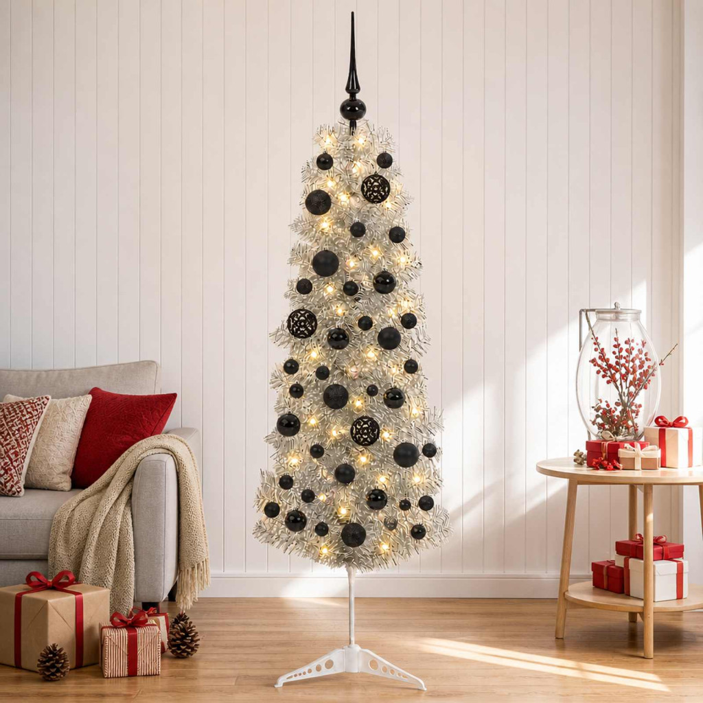 Karcsú műkarácsonyfa gömbökkel 150 cm 150 LED Meleg fehér