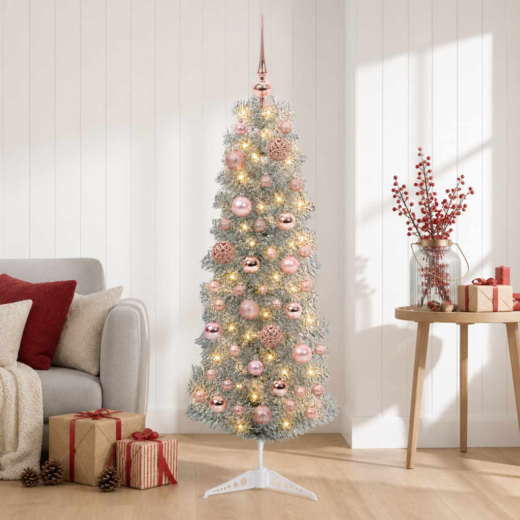 Karcsú műkarácsonyfa gömbökkel 150 cm 150 LED Meleg fehér