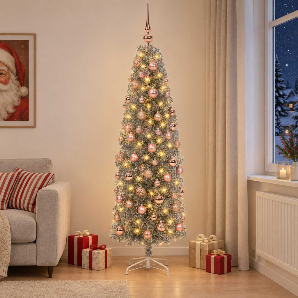 Karcsú műkarácsonyfa gömbökkel 180 cm 300 LED Meleg fehér