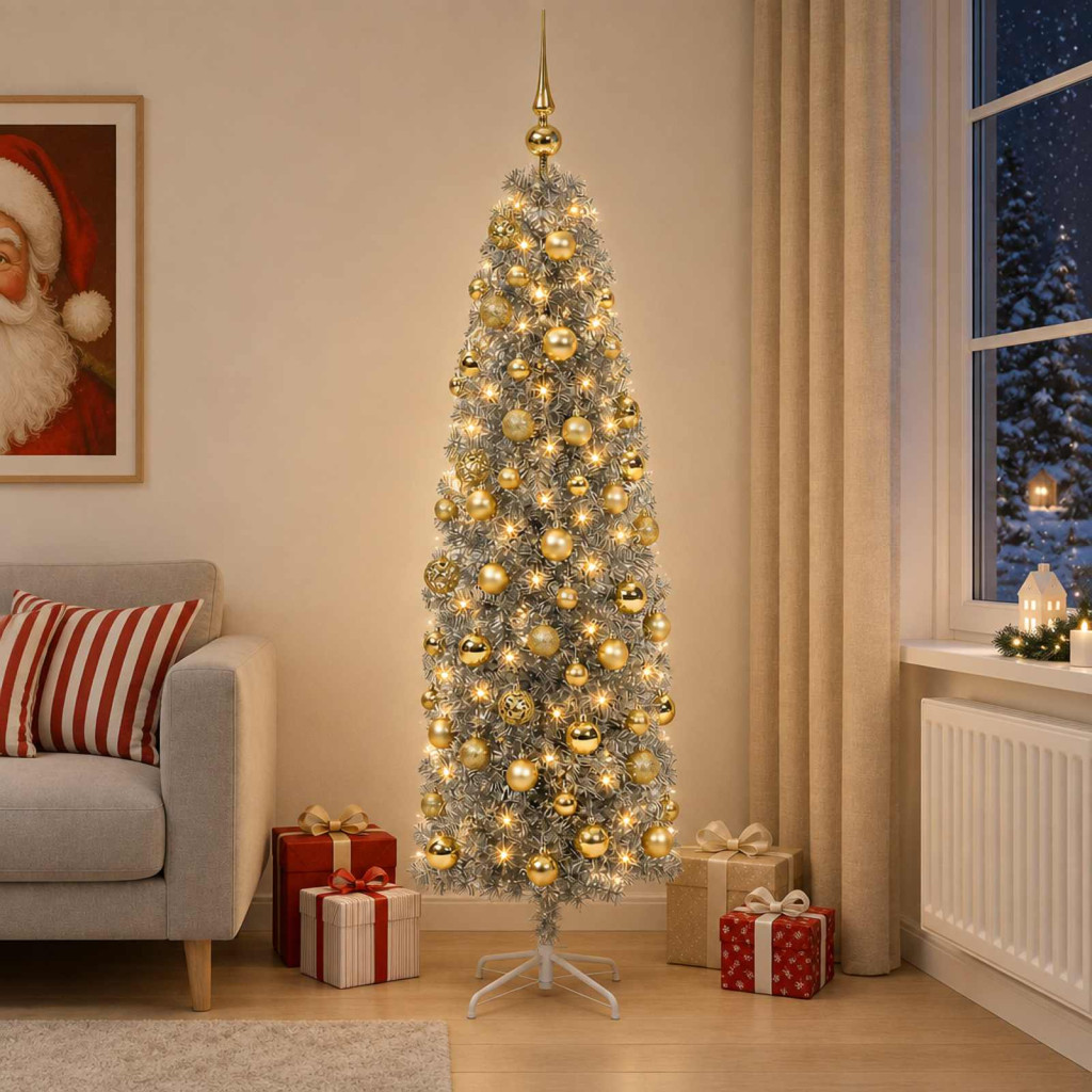 Karcsú műkarácsonyfa gömbdíszekkel, 48 × 180 cm, ezüst, 300 LED, meleg fehér fény