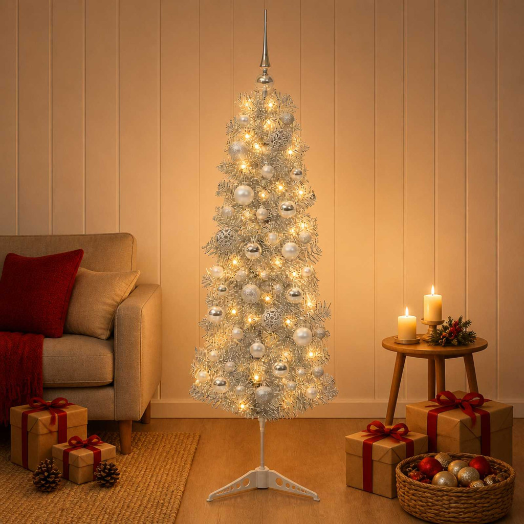 Karcsú műkarácsonyfa gömbökkel 150 cm 150 LED Meleg fehér