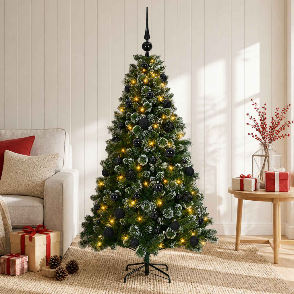 Mű karácsonyfa gömbökkel 150 cm 150 LED Meleg fehér PVC és fém