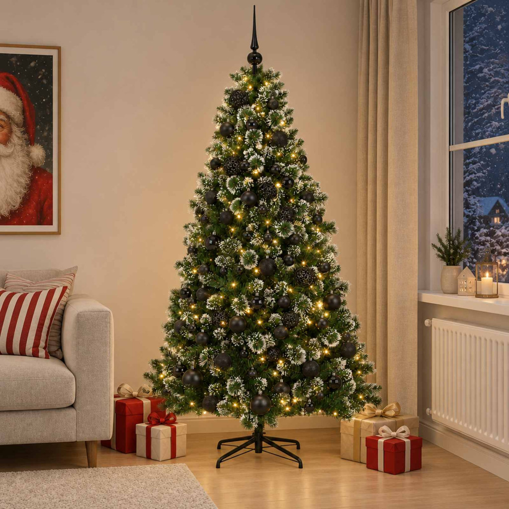 Műfenyő gömbökkel 210 cm 300 LED Meleg fehér PVC és fém Zöld