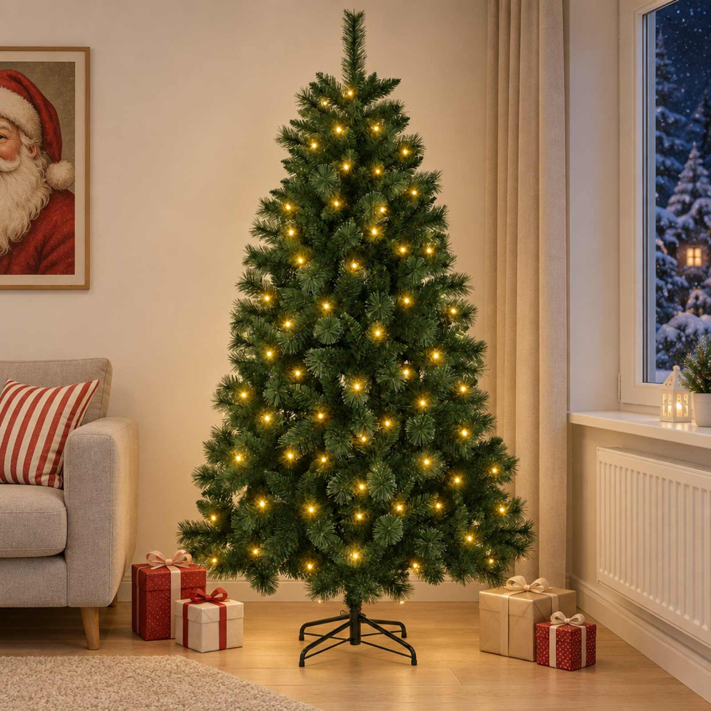 Műkarácsonyfa, 180 cm, zöld, 300 LED, meleg fehér