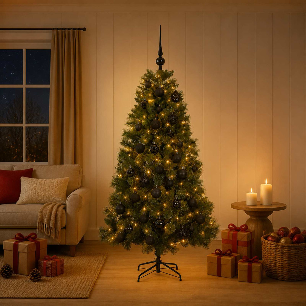 Műkarácsonyfa, 120 cm, zöld, 150 LED, meleg fehér