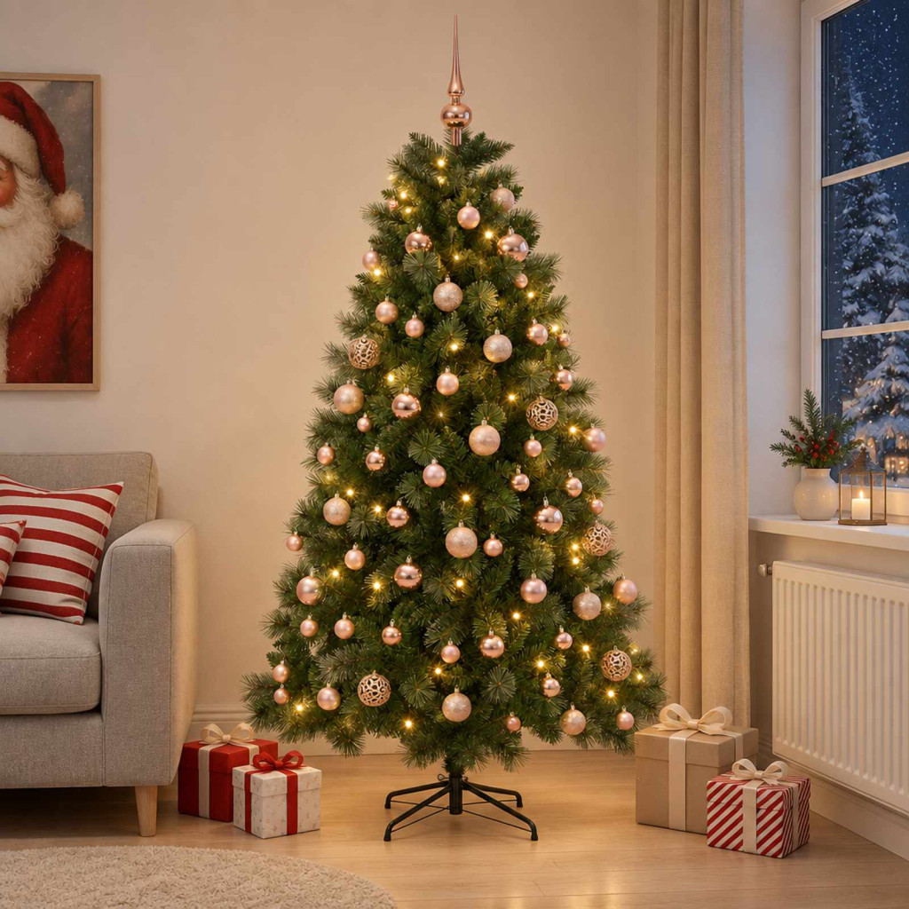 Műkarácsonyfa, 180 cm, zöld, 300 LED, meleg fehér