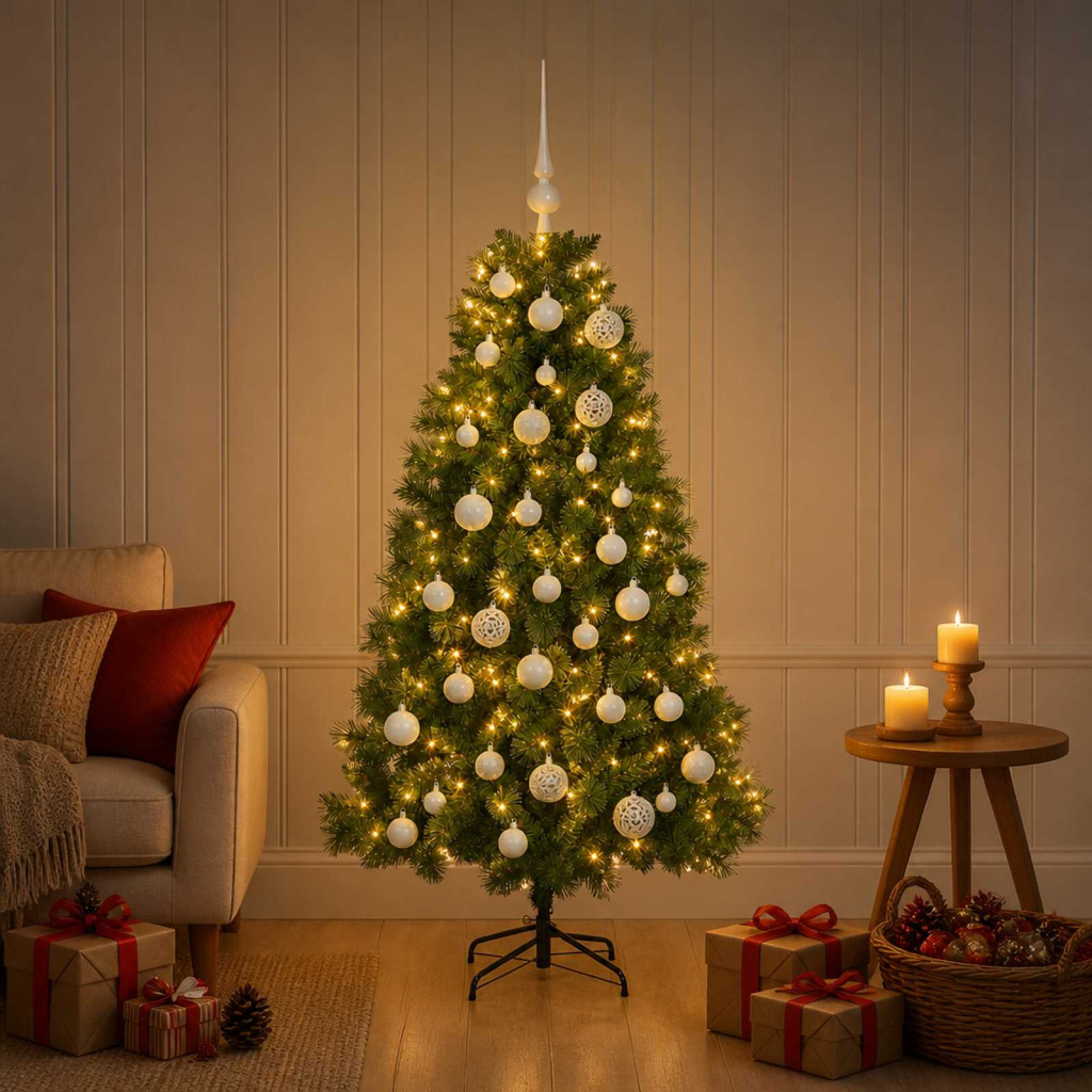 Műkarácsonyfa, 150 cm, zöld, 150 LED, meleg fehér