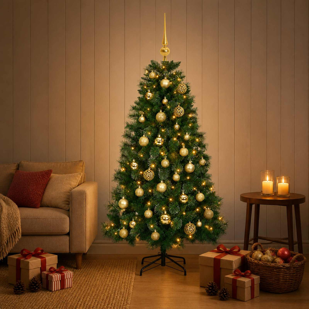 Műkarácsonyfa, 120 cm, zöld, 150 LED, meleg fehér