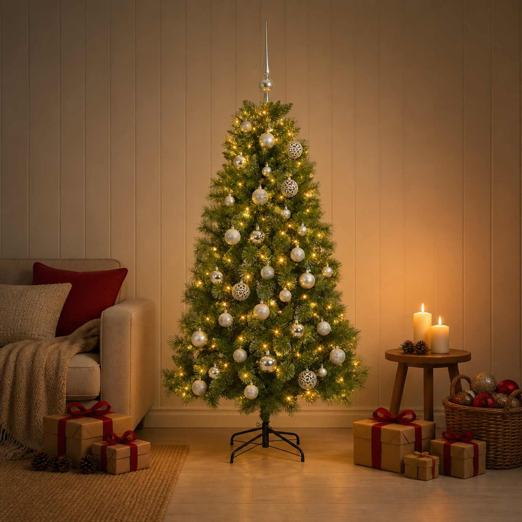 Műkarácsonyfa, 150 cm, zöld, 150 LED, meleg fehér