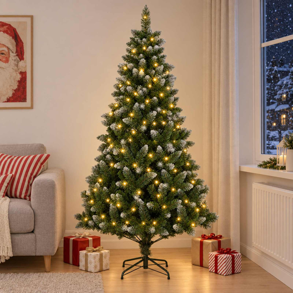 Mű karácsonyfa 150 cm 150 LED Meleg fehér PVC és fém Zöld