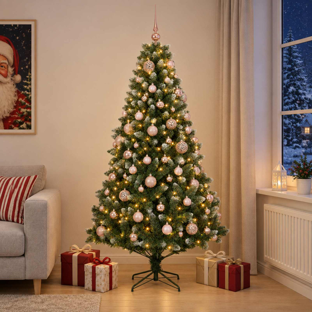 Műfenyő gömbökkel 180 cm 300 LED Meleg fehér PVC és fém Zöld