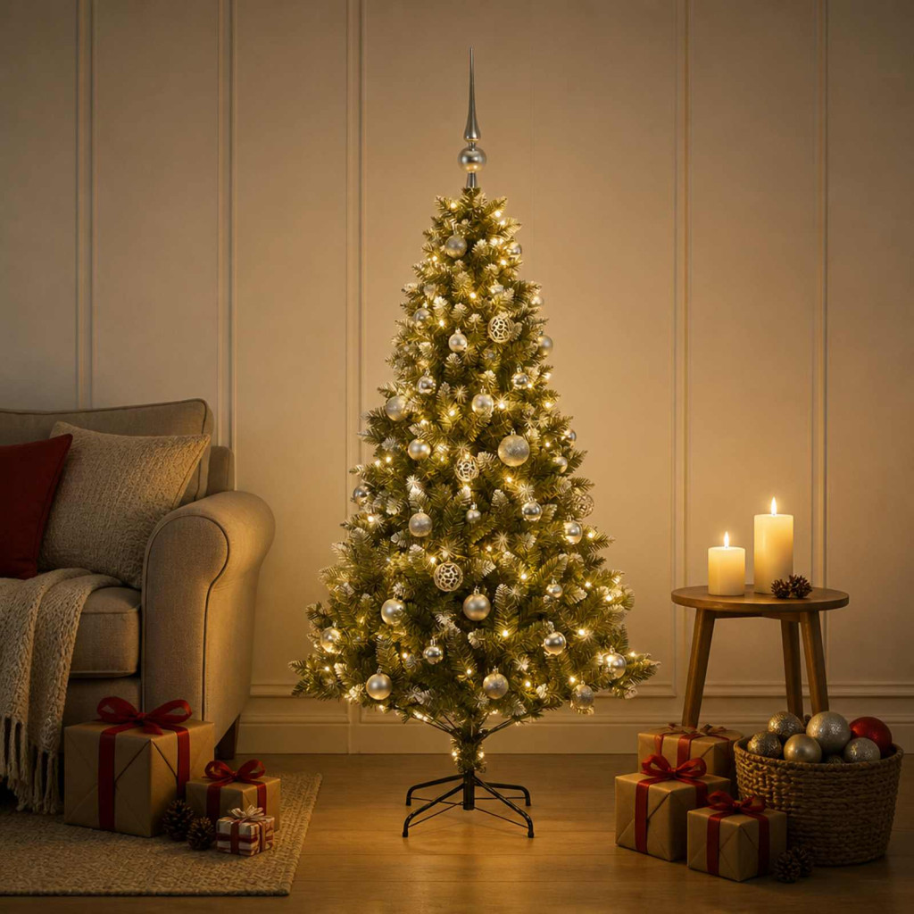 Műfenyő gömbökkel 150 cm 150 LED Meleg fehér PVC és fém Zöld