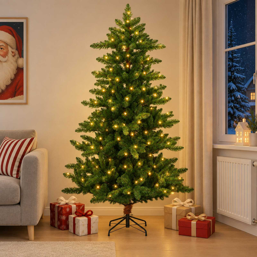 Mű karácsonyfa 150 cm 150 LED Meleg fehér PVC és fém Zöld