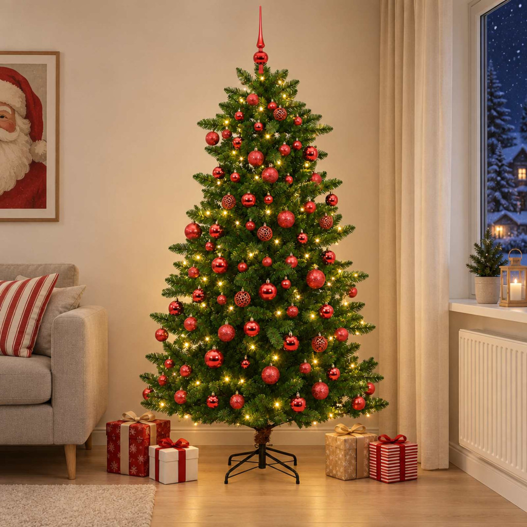 Műkarácsonyfa gömbdíszekkel, 137 × 210 cm, zöld, 300 LED, meleg fehér fény, 1234 pvc ágvég