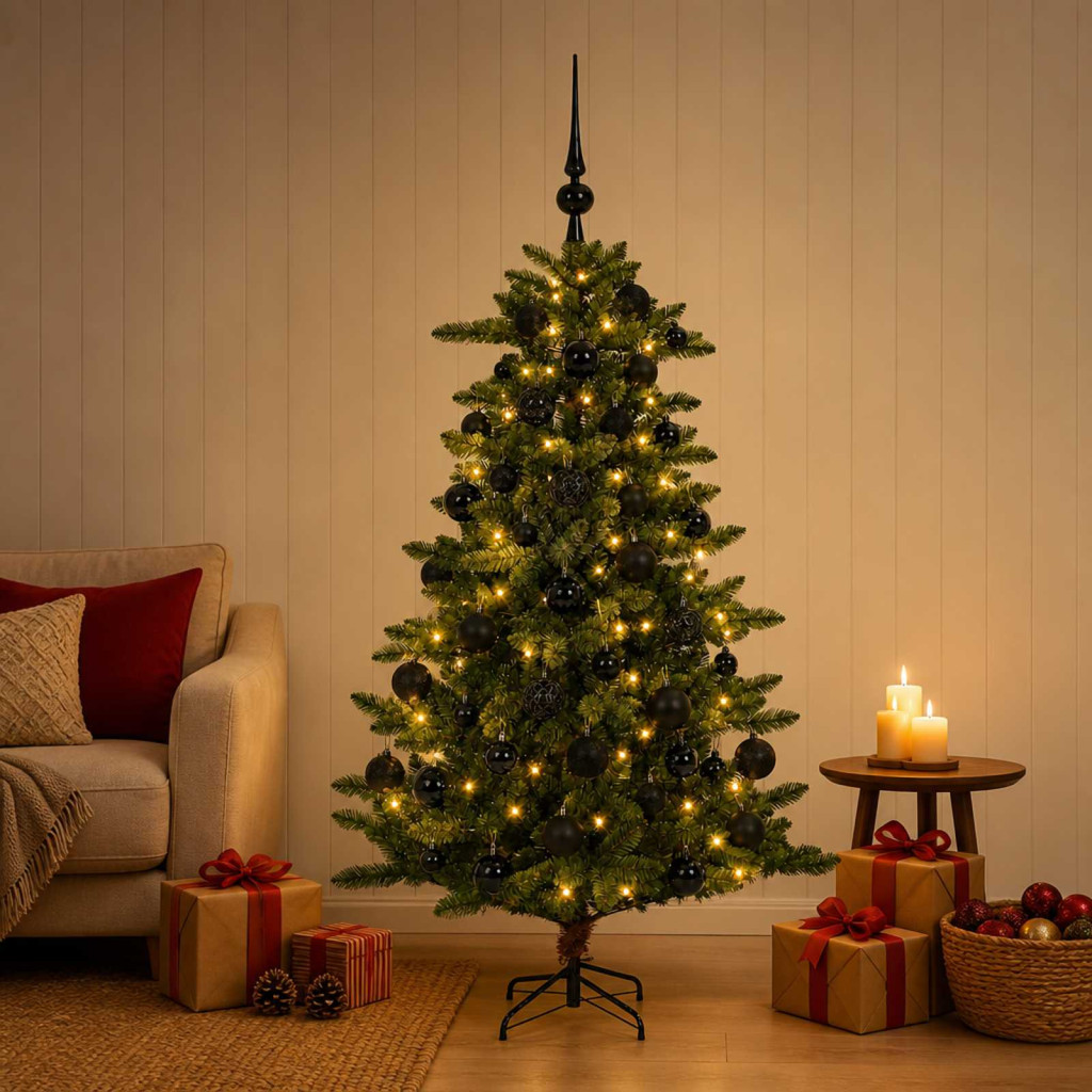 Műfenyő gömbökkel 150 cm 150 LED Meleg fehér PVC és fém Zöld