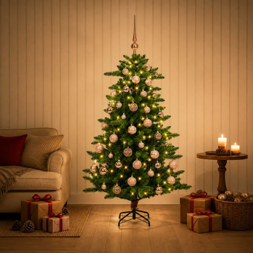 Műfenyő gömbökkel 150 cm 150 LED Meleg fehér PVC és fém Zöld