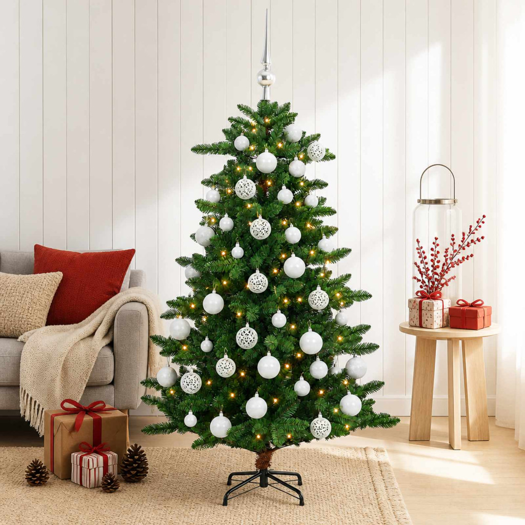 Műfenyő gömbökkel 120 cm 150 LED Meleg fehér PVC és fém Zöld