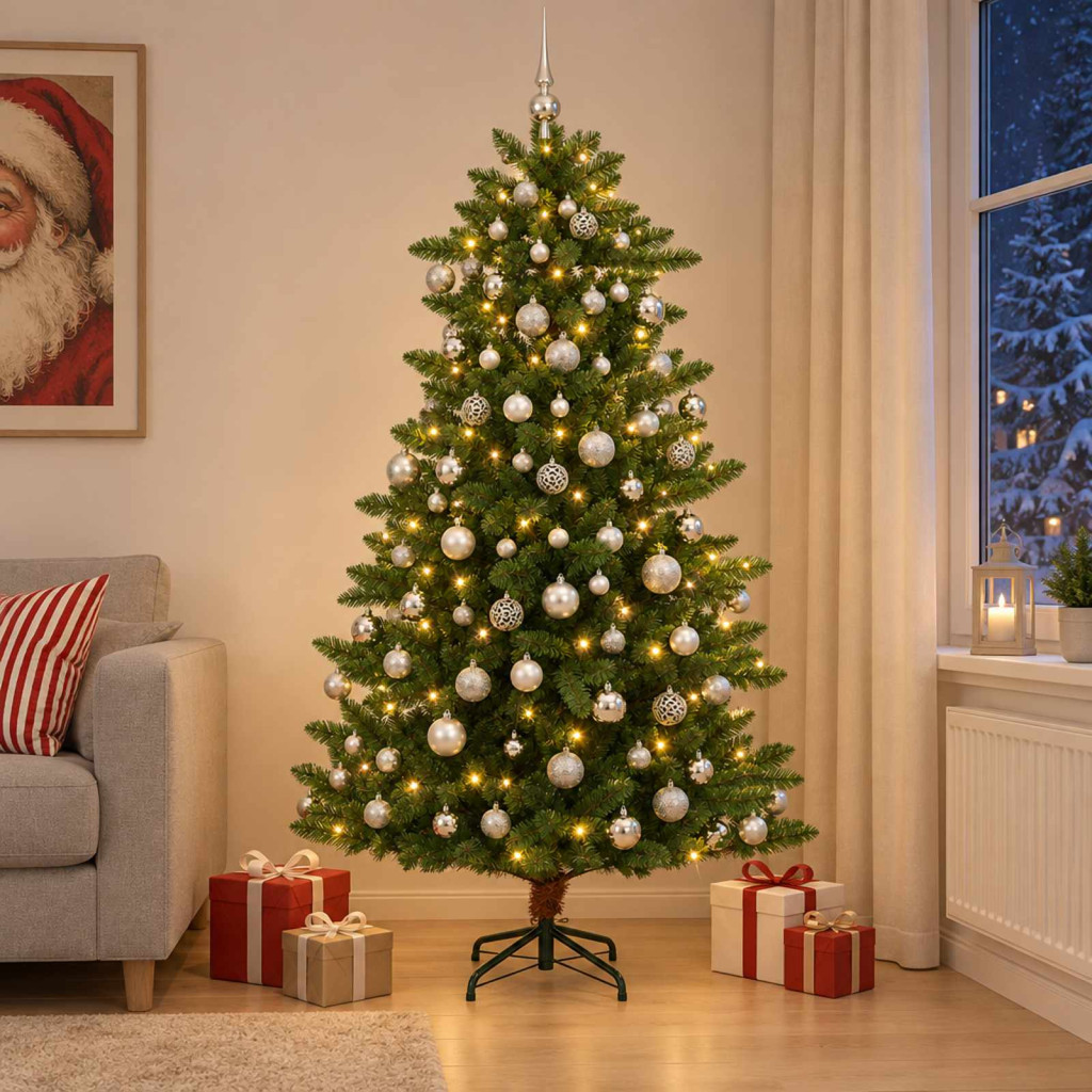 Műkarácsonyfa gömbdíszekkel, 127 × 180 cm, zöld, 300 LED, meleg fehér fény, 1000 pvc ágvég