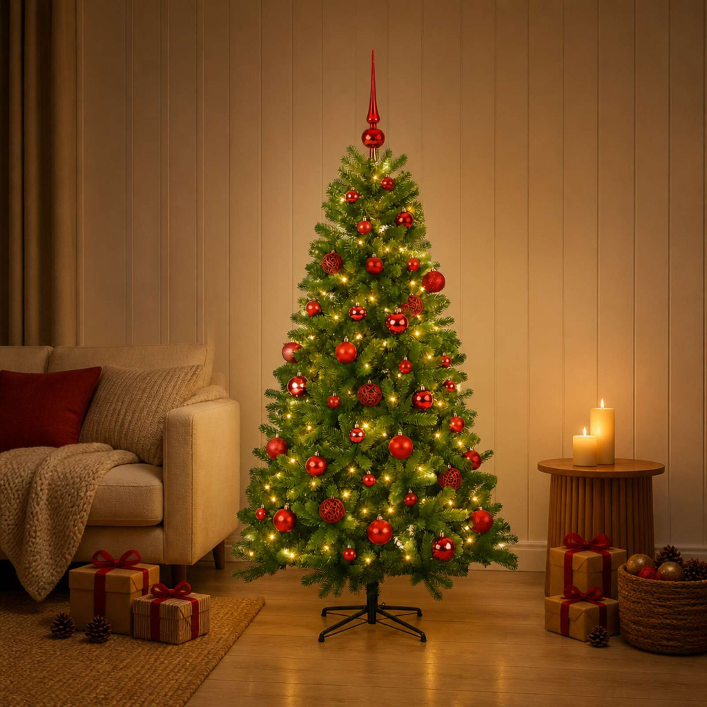 Műkarácsonyfa gömbbel 150 cm 150 LED Meleg fehér PVC Zöld