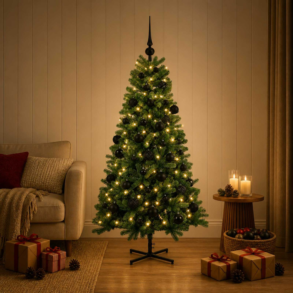 Műkarácsonyfa gömbbel 150 cm 150 LED Meleg fehér PVC Zöld