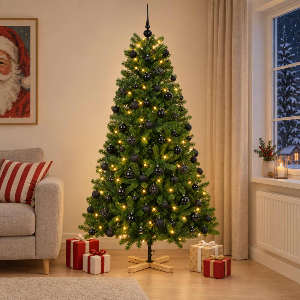Műkarácsonyfa gömbbel 210 cm 300 LED Meleg fehér PVC Zöld