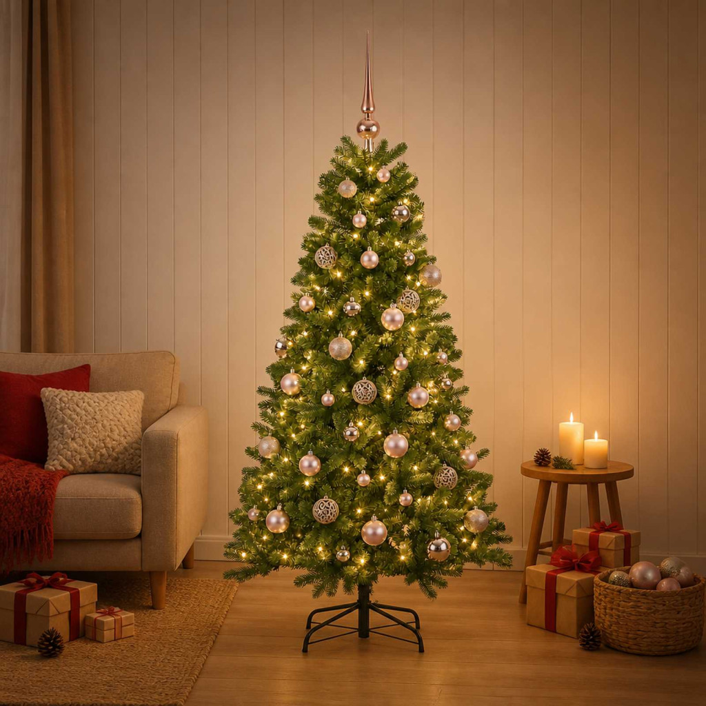 Műkarácsonyfa gömbbel 150 cm 150 LED Meleg fehér PVC Zöld