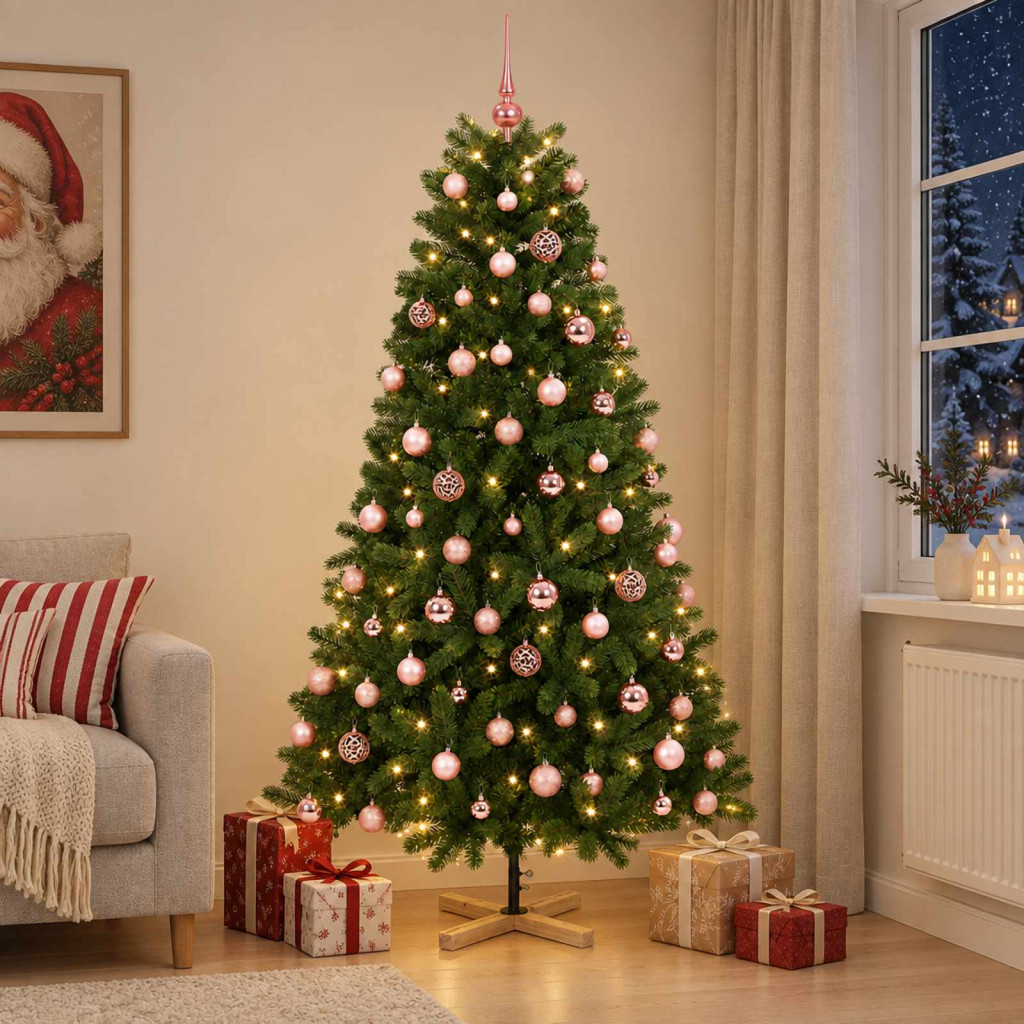 Műkarácsonyfa gömbbel 210 cm 300 LED Meleg fehér PVC Zöld