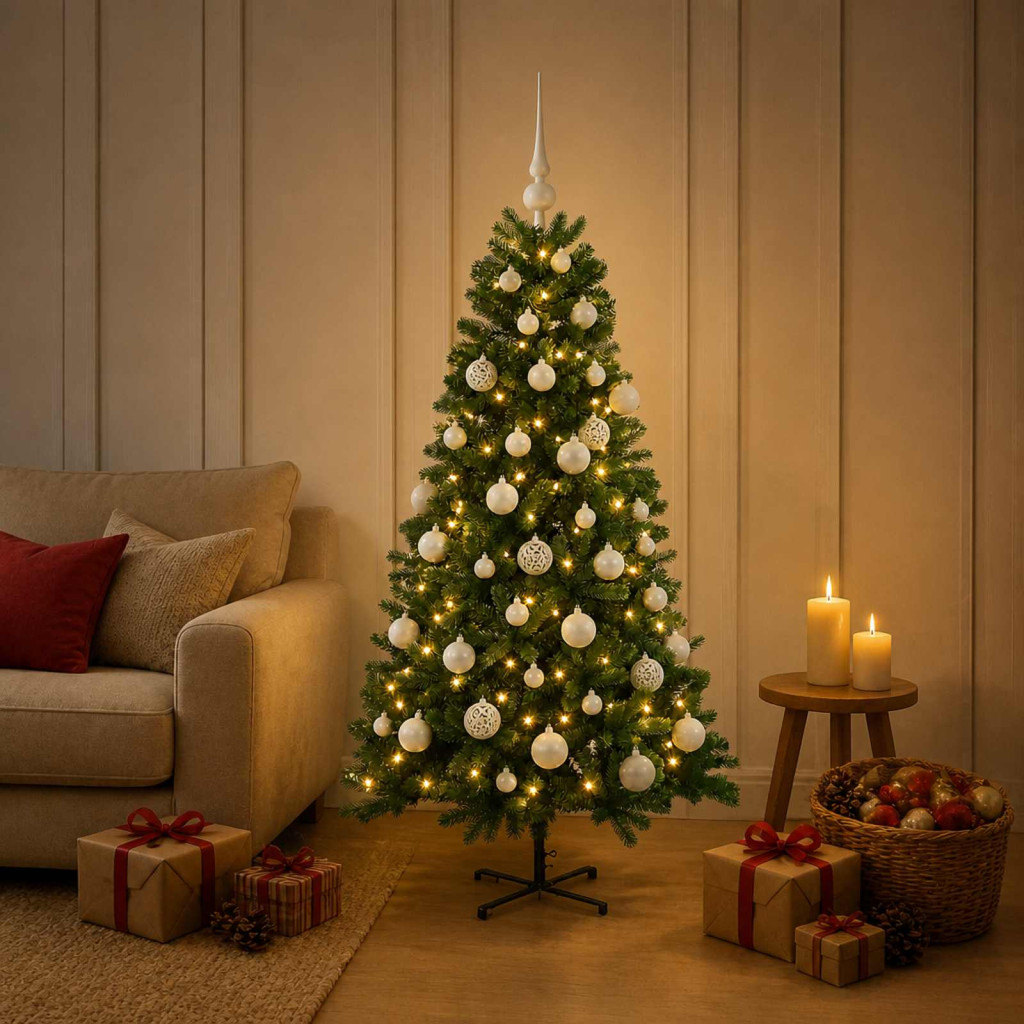 Műkarácsonyfa gömbbel 150 cm 150 LED Meleg fehér PVC Zöld