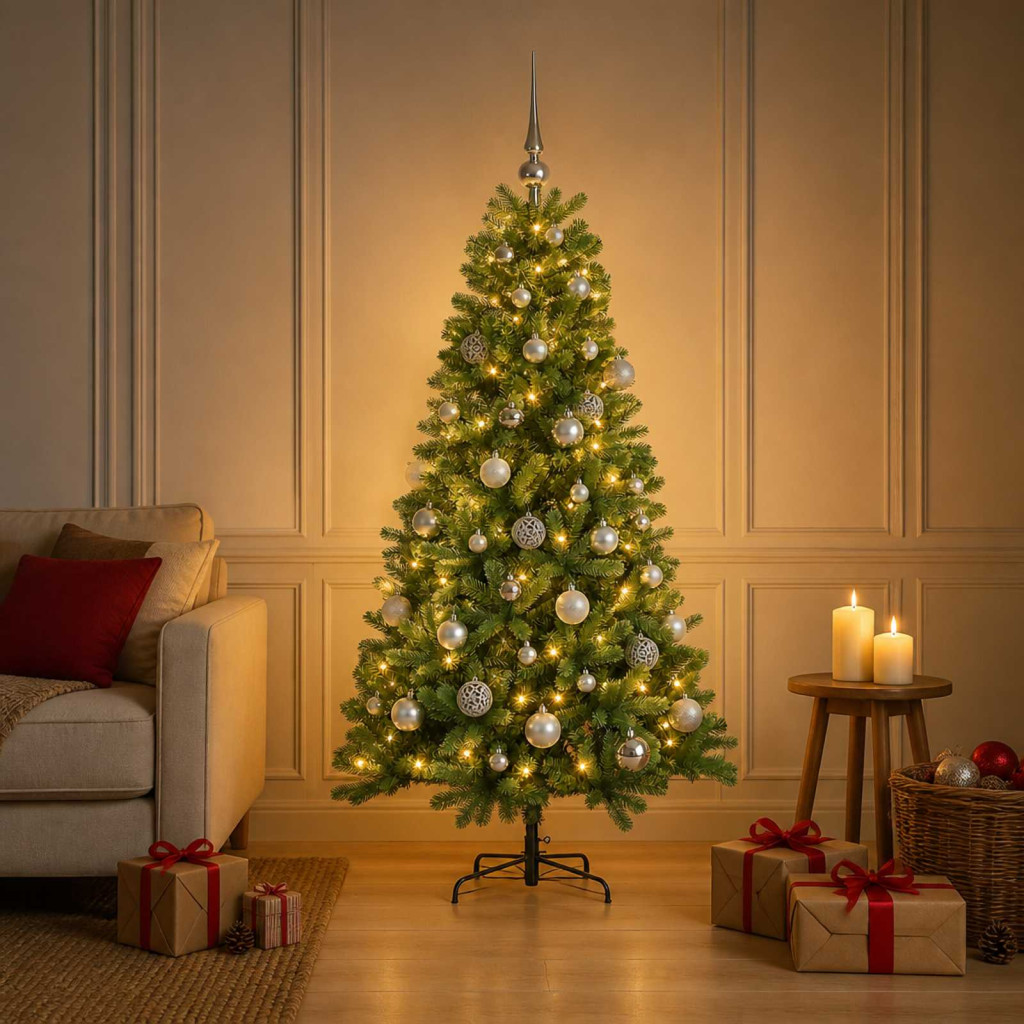 Műkarácsonyfa gömbbel 150 cm 150 LED Meleg fehér PVC Zöld