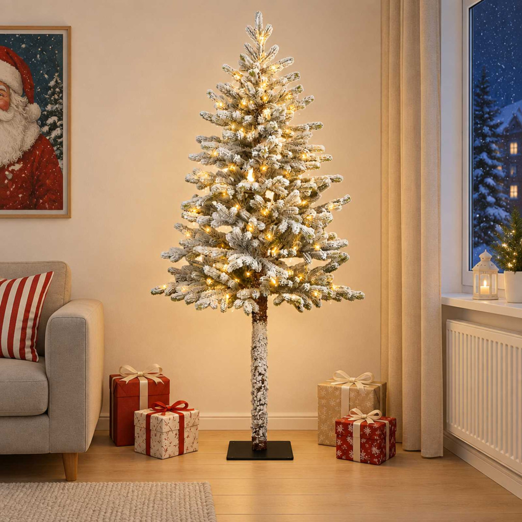 Összehajtható műkarácsonyfa, 46 × 120 cm, zöld és fehér, 150 LED, meleg fehér fény