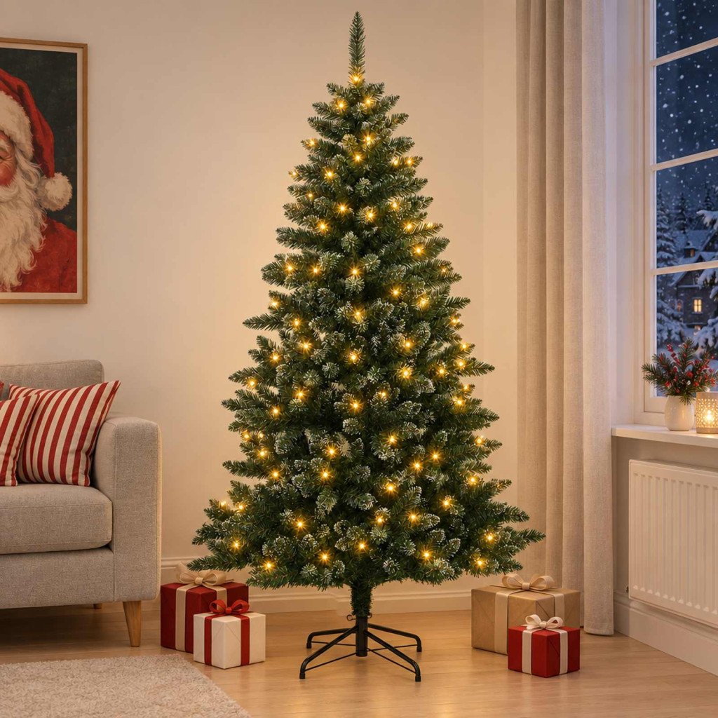 Összehajtható műkarácsonyfa, 88 × 150 cm, deres hatású zöld, 150 LED, meleg fehér fény