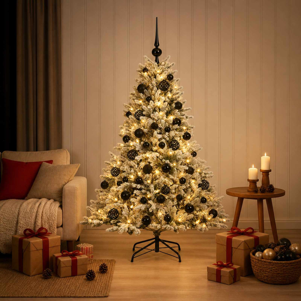 Műkarácsonyfa gömbbel 150 cm 150 LED Meleg fehér PVC és fém