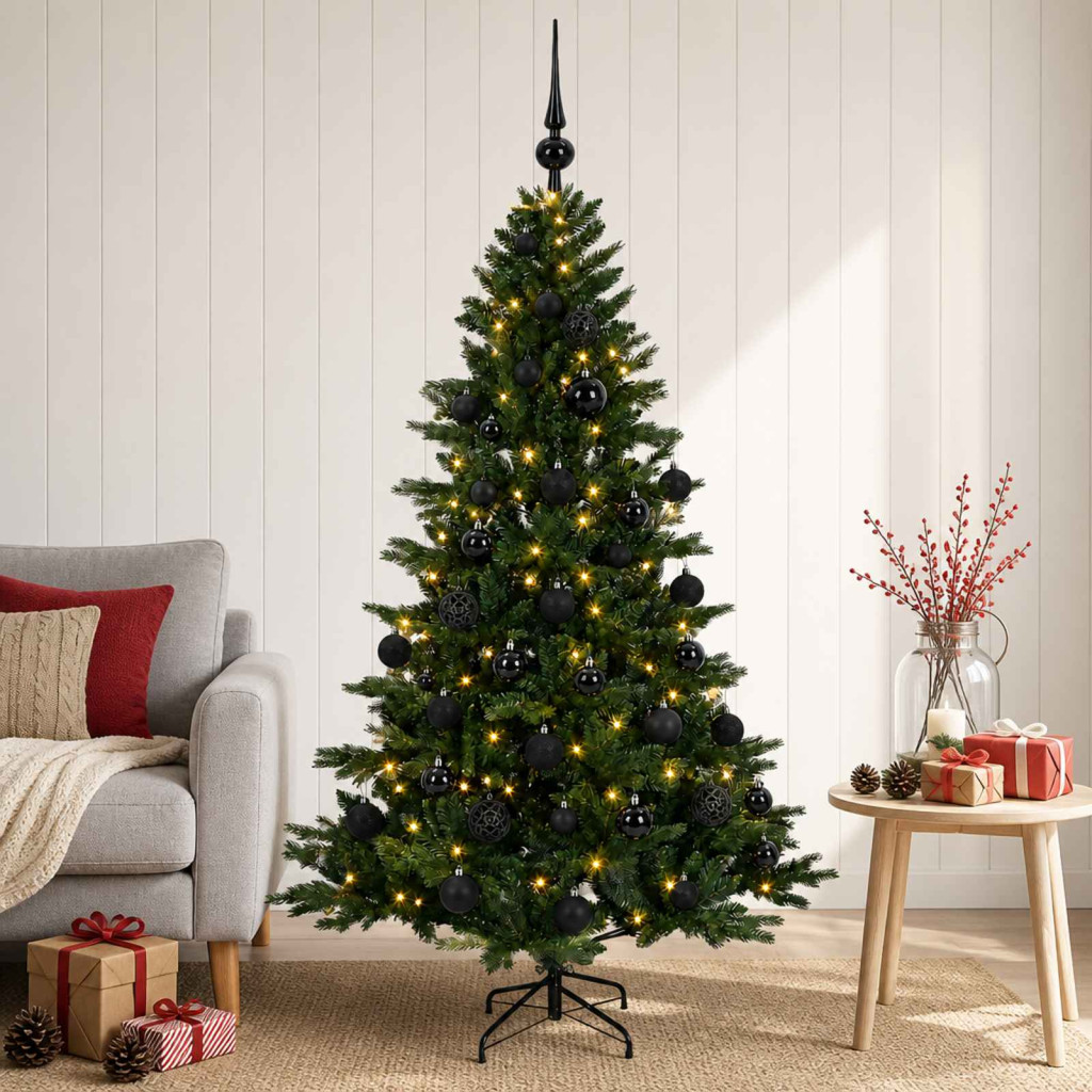 Műkarácsonyfa gömbbel 150 cm 150 LED Meleg fehér PVC és fém