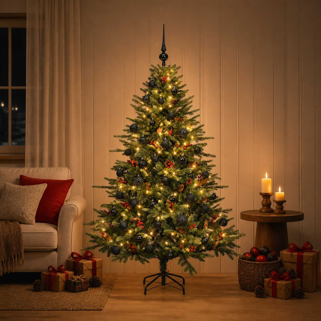 Műkarácsonyfa gömbbel 150 cm 150 LED Meleg fehér PVC és fém
