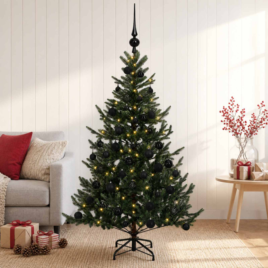Műkarácsonyfa gömbbel 120 cm 150 LED Meleg fehér PVC és fém