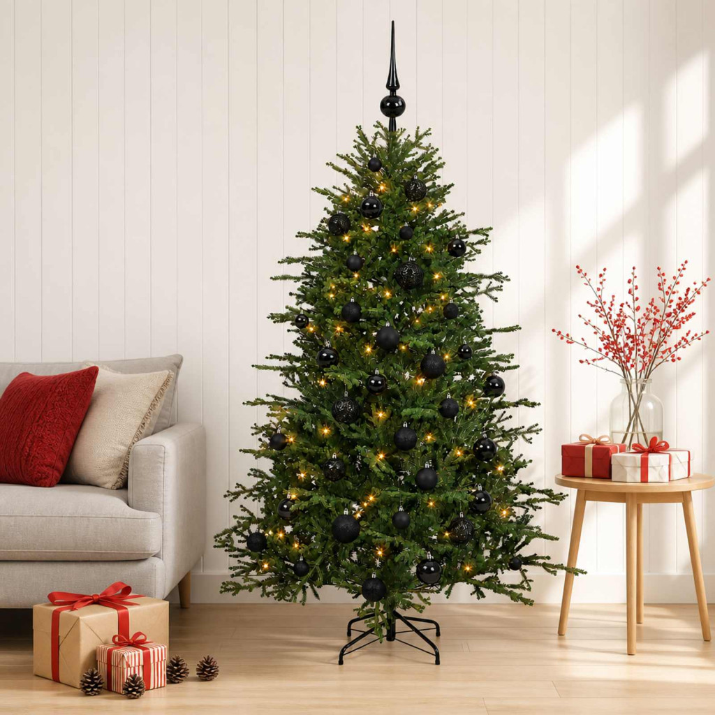 Műkarácsonyfa gömbbel 150 cm 150 LED Meleg fehér PVC és fém
