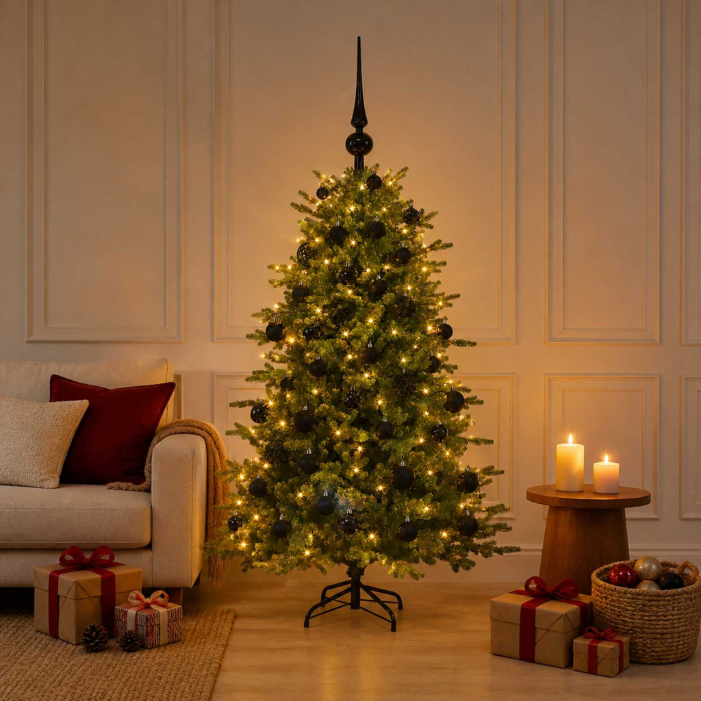 Műkarácsonyfa gömbbel 120 cm 150 LED Meleg fehér PVC és fém