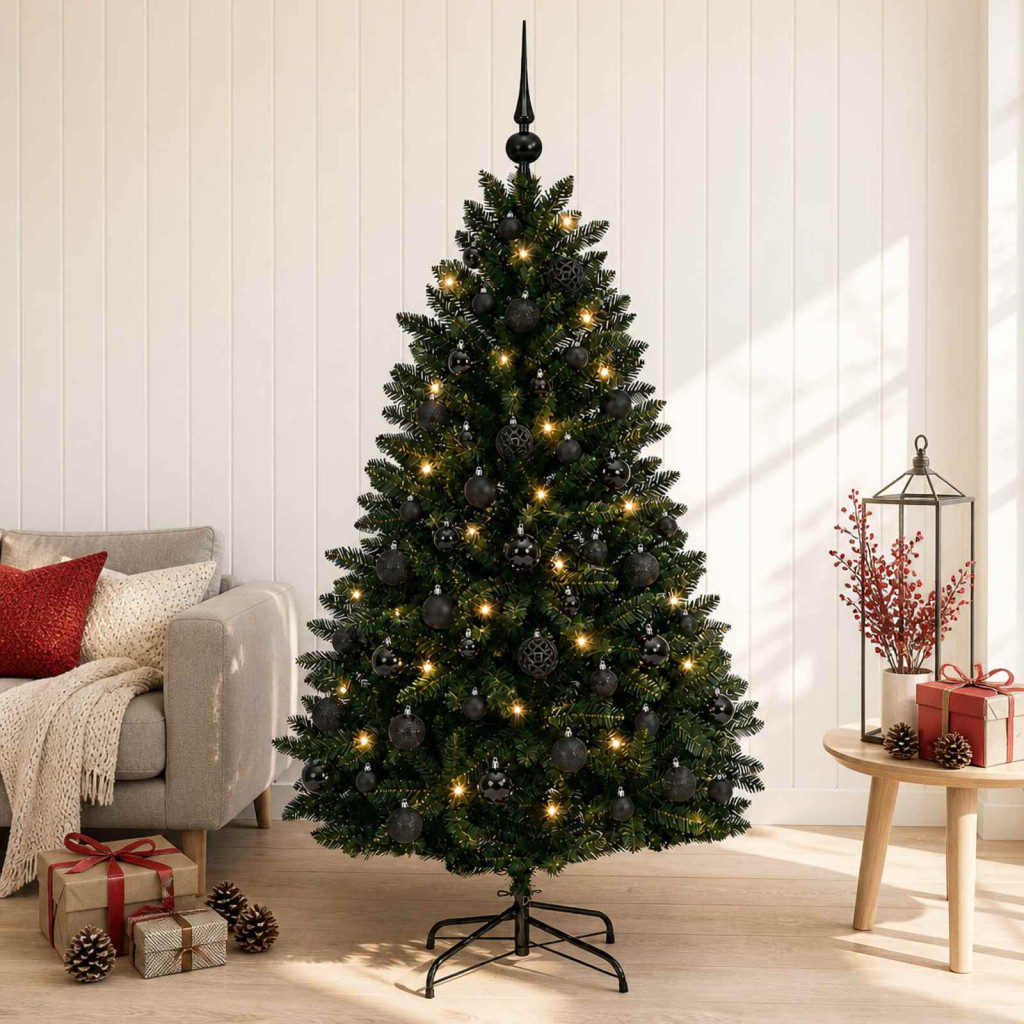 Sötétzöld műfenyő gömbökkel 150 cm 150 LED Meleg fehér