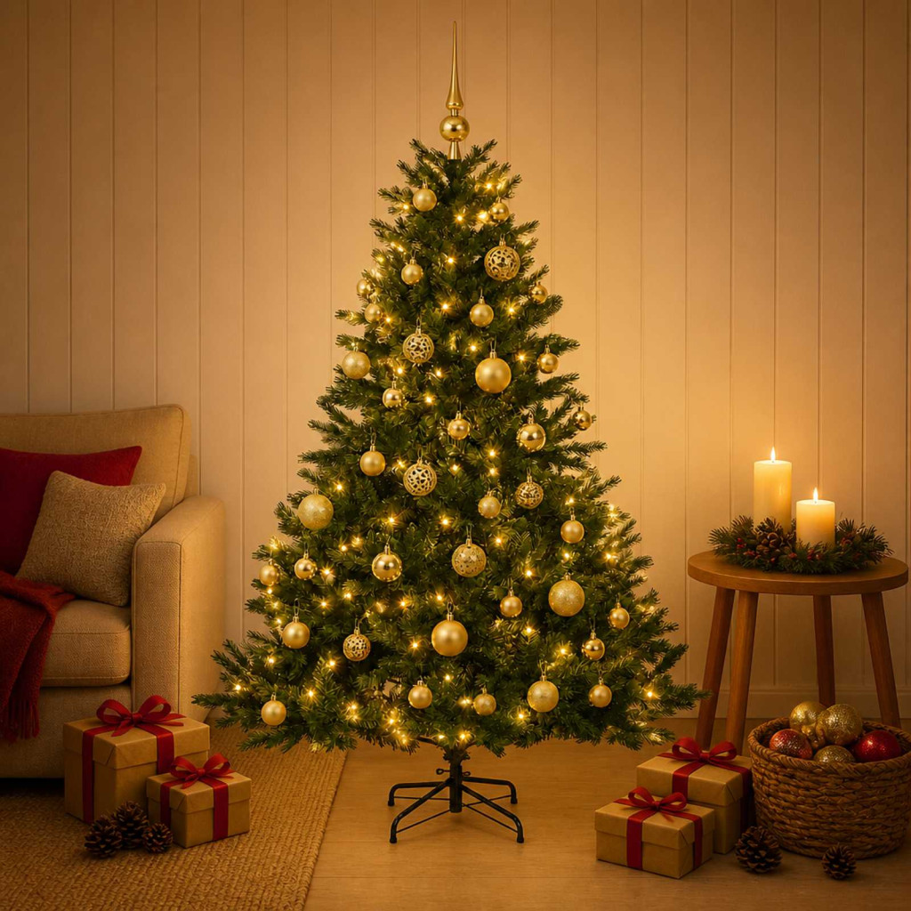 Műkarácsonyfa gömbbel 150 cm 150 LED Meleg fehér PVC és fém