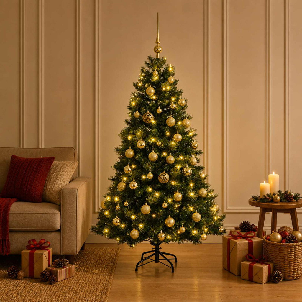Műkarácsonyfa gömbbel 120 cm 150 LED Meleg fehér PVC és fém