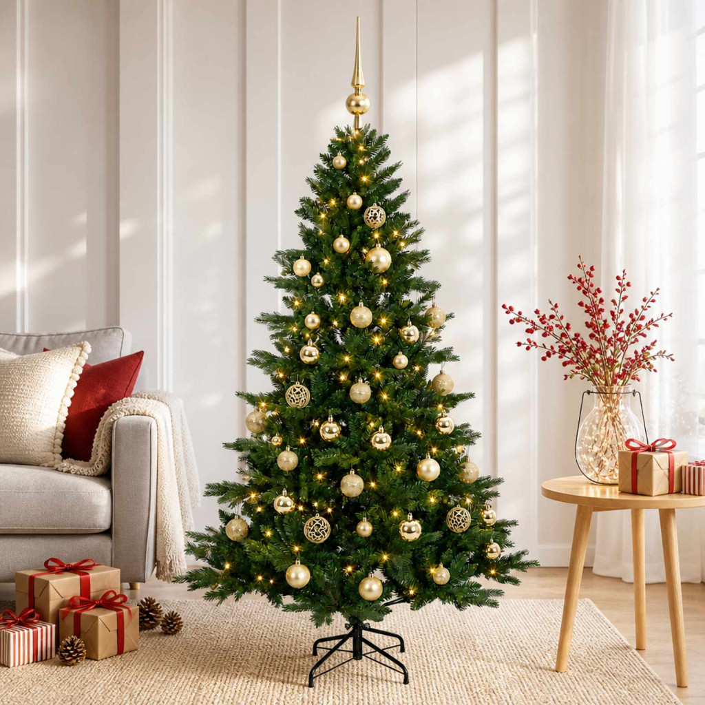 Műkarácsonyfa gömbbel 150 cm 150 LED Meleg fehér PVC és fém