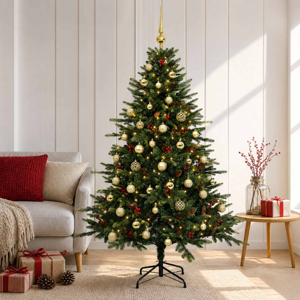 Műkarácsonyfa gömbbel 120 cm 150 LED Meleg fehér PVC és fém
