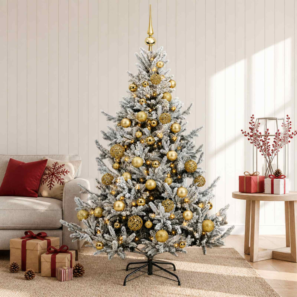 Műkarácsonyfa gömbbel 150 cm 150 LED Meleg fehér PVC és fém