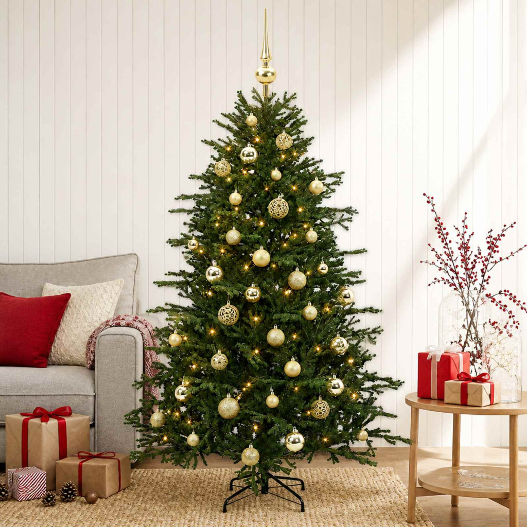 Műkarácsonyfa gömbbel 120 cm 150 LED Meleg fehér PVC és fém