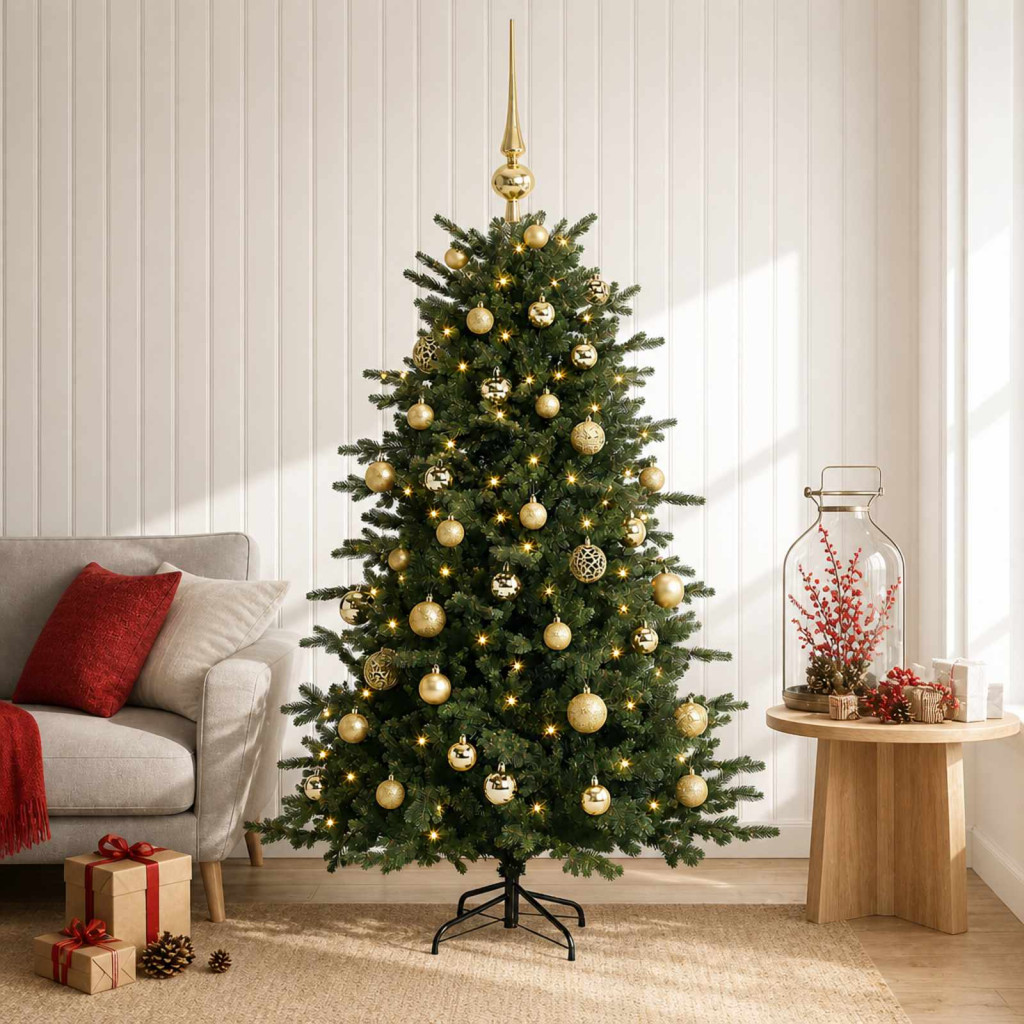 Műkarácsonyfa gömbbel 120 cm 150 LED Meleg fehér PVC és fém