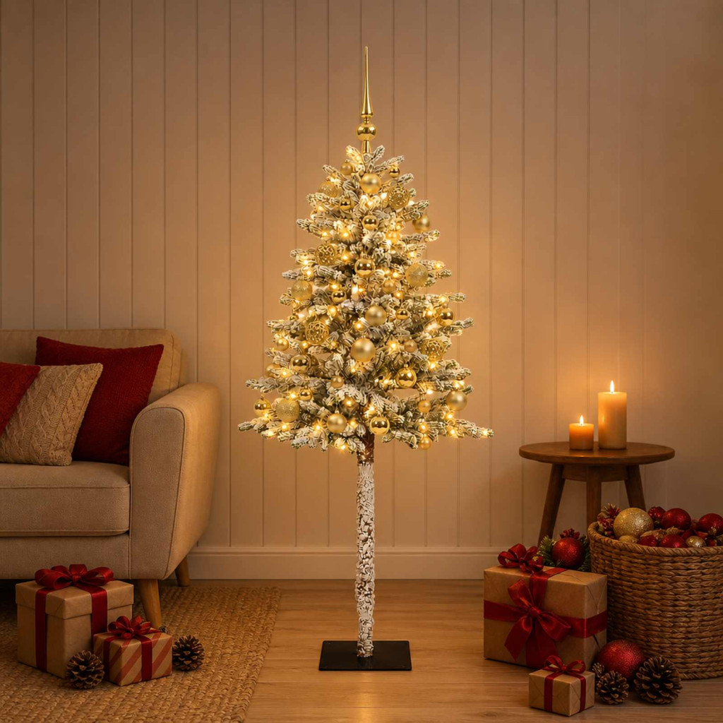 Műkarácsonyfa gömbdíszekkel, 46 × 120 cm, zöld és fehér, 150 LED, meleg fehér fény