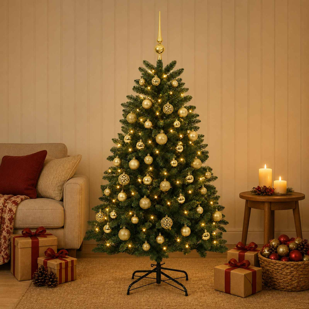 Műkarácsonyfa középzöld gömbökkel 150 cm 150 LED Meleg fehér