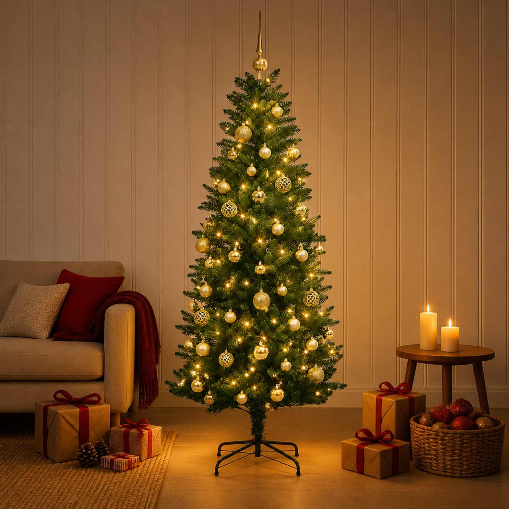 Műfenyő gömbökkel 120 cm 150 LED Meleg fehér PE és PVC Green