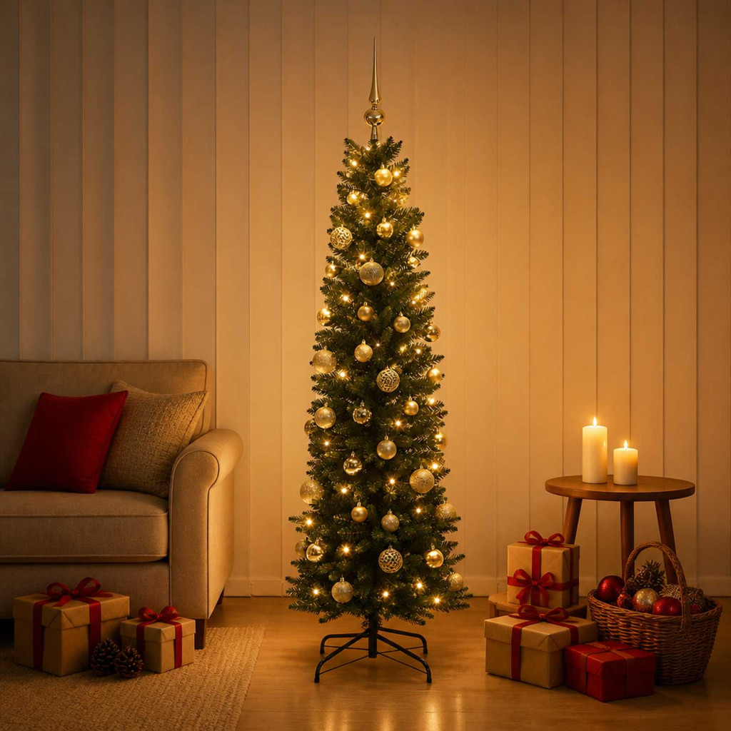 Karcsú műkarácsonyfa gömbökkel 150 cm 150 LED Meleg fehér