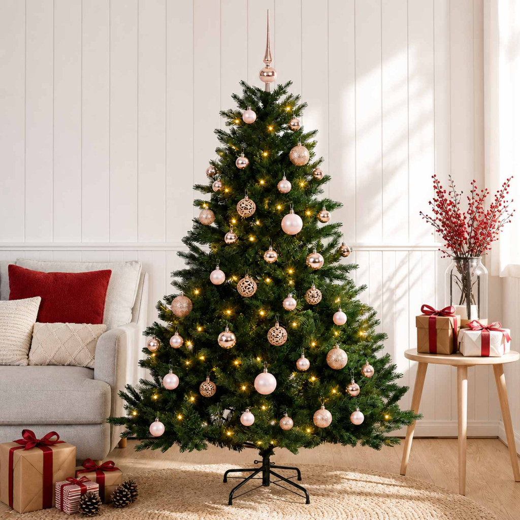 Műkarácsonyfa gömbbel 120 cm 150 LED Meleg fehér PVC és fém